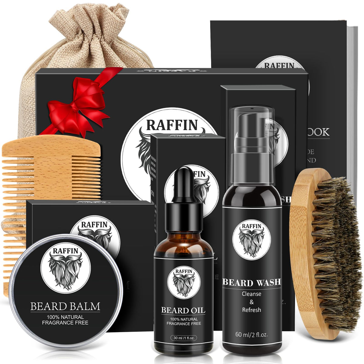 RAFFIN Beard Kit packaging with beard oil and balm