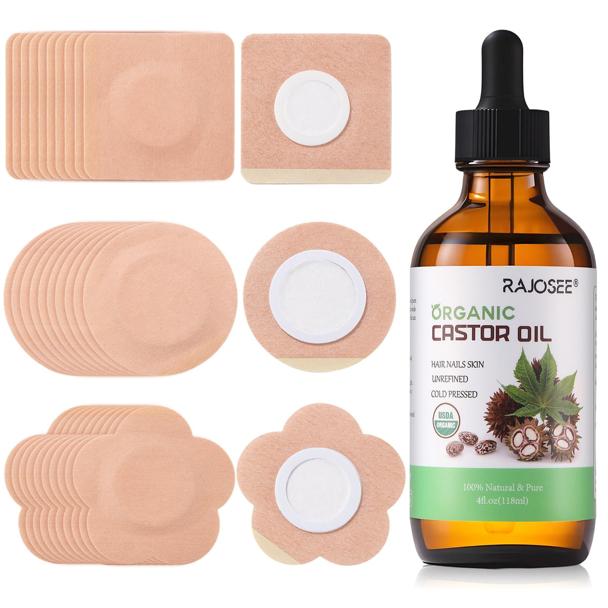 RAJOSEE Castor Oil Pack Set with 30 patches and 4oz organic oil