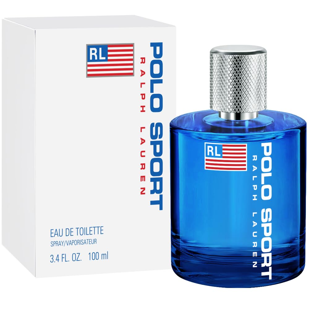 RALPH LAUREN Polo Sport Eau de Toilette cobalt blue bottle on a bathroom shelf