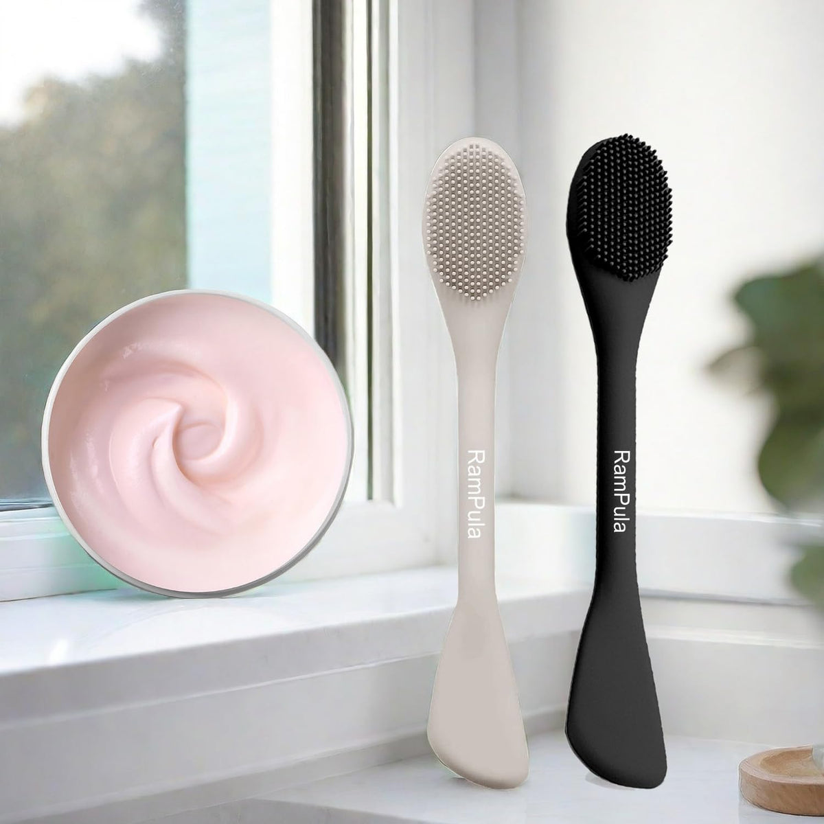 RamPula Face Mask Brush Applicator in a cosmetic bag for travel