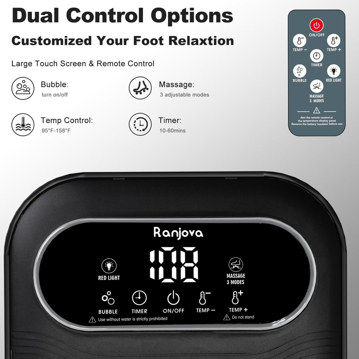 Ranjova Foot Spa showing digital touch screen and temperature settings