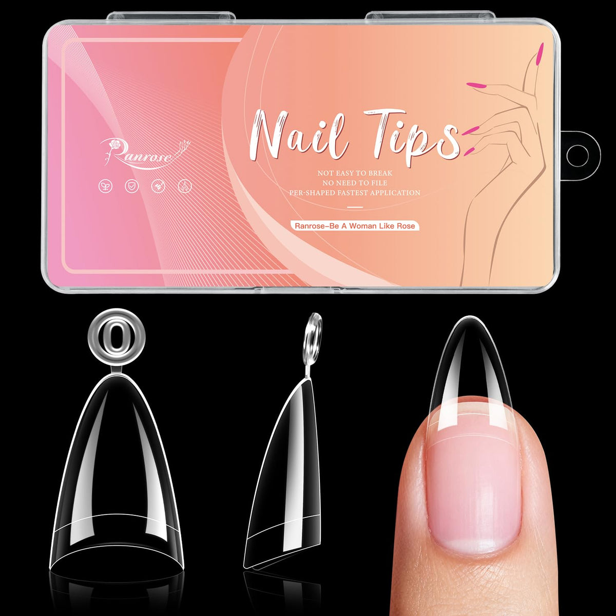 Ranrose 240PCS Almond Nail Tips front view in storage box