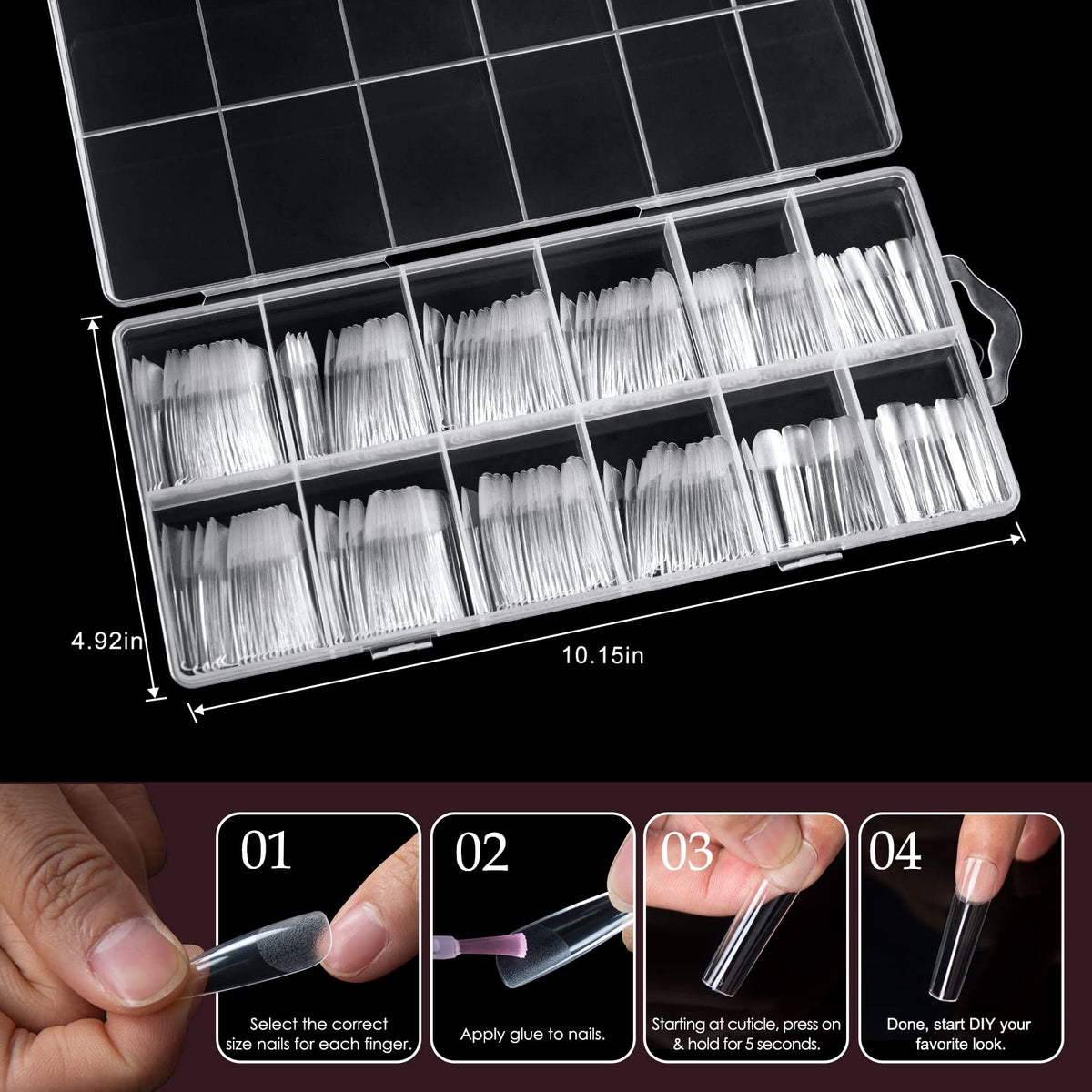 Ranrose 240PCS Long Straight Nail Tips in different sizes