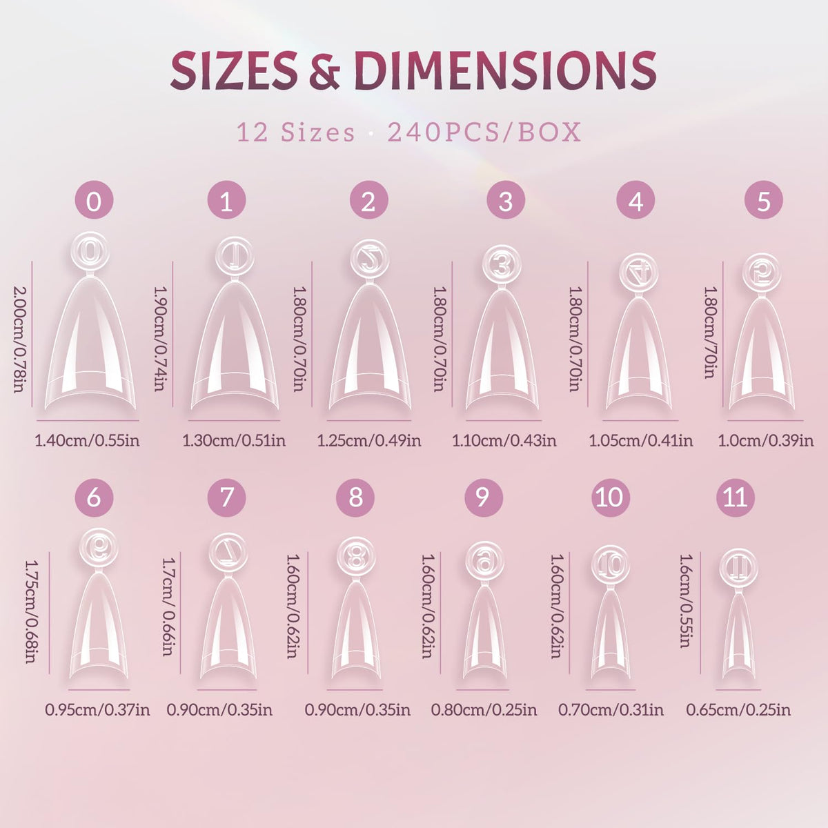 Ranrose almond nail tips in various sizes laid out
