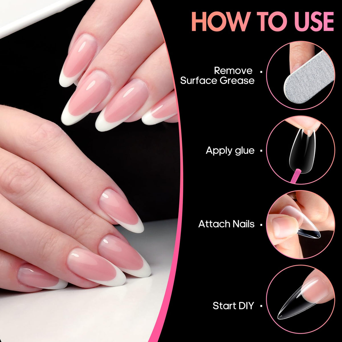 Ranrose Long Almond Nail Tips displayed with nail glue