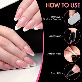 Ranrose Long Almond Nail Tips displayed with nail glue