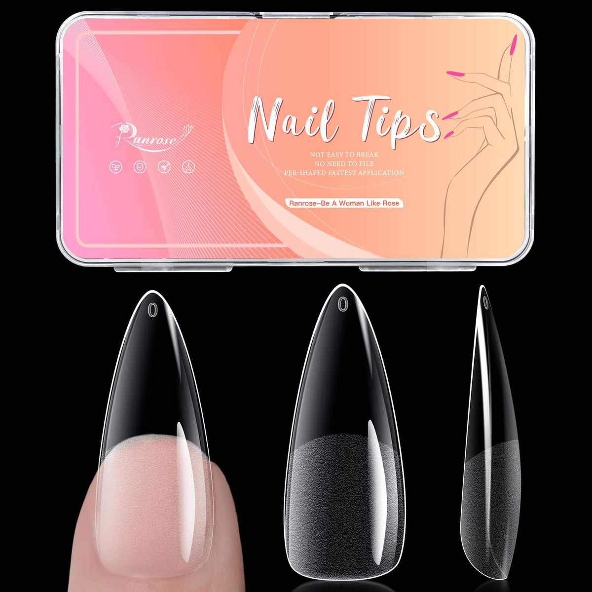 ranrose Long Almond Nail Tips front view with 240 pieces