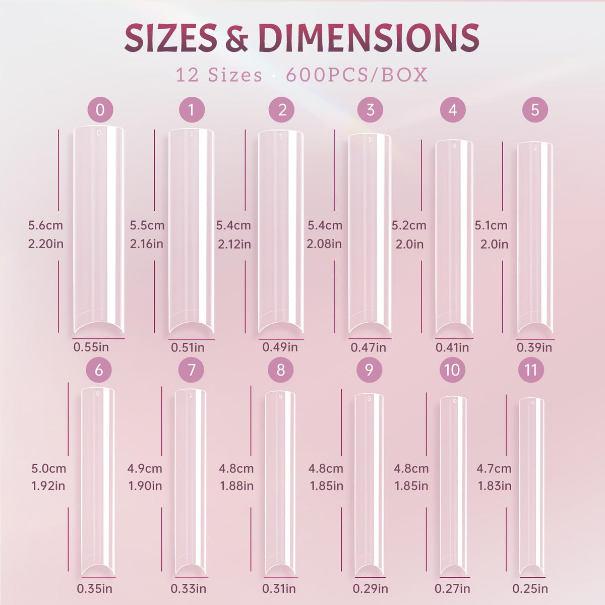 Ranrose nail tips arranged by size in a box