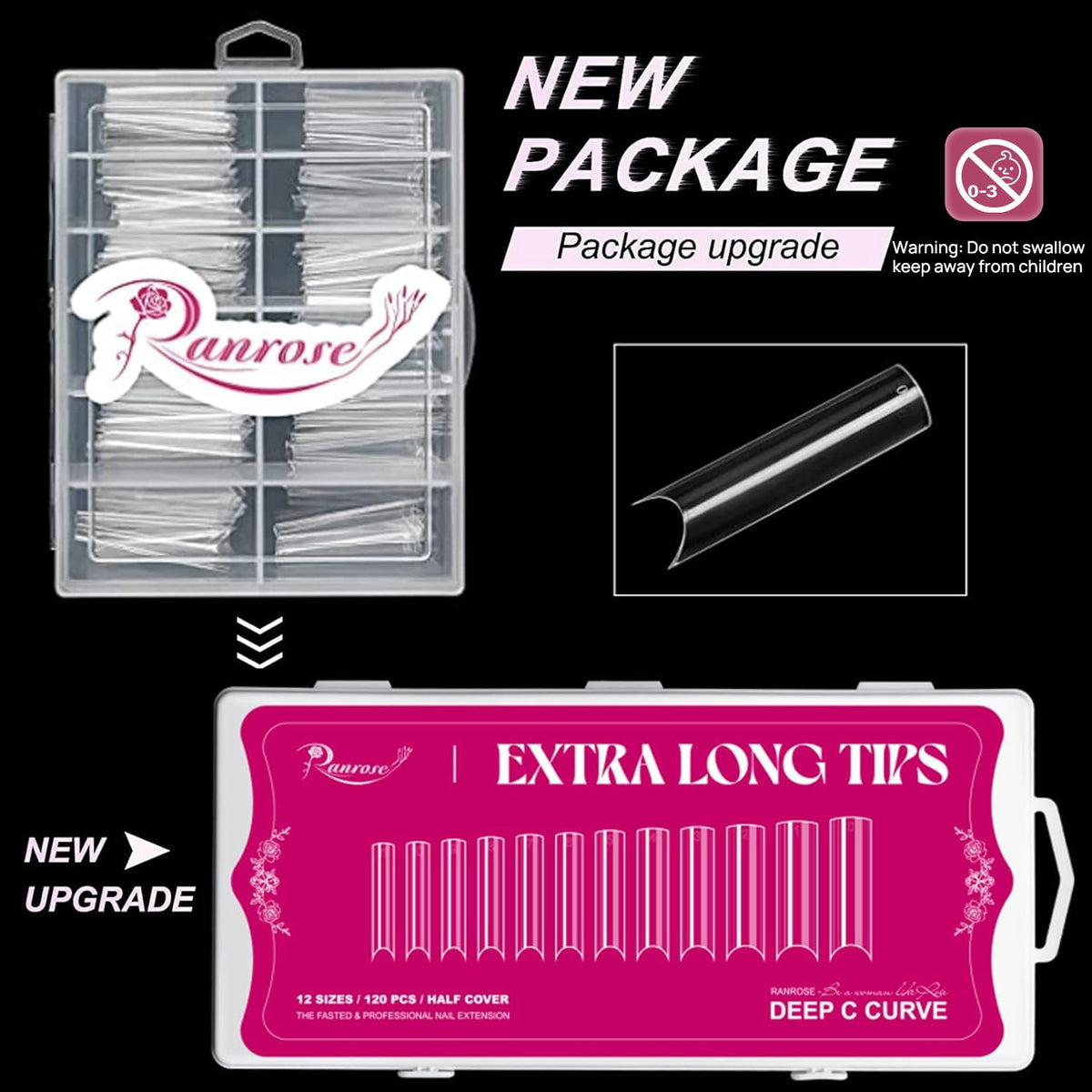 ranrose XXL Extra Long Nail Tips clear size numbering close-up