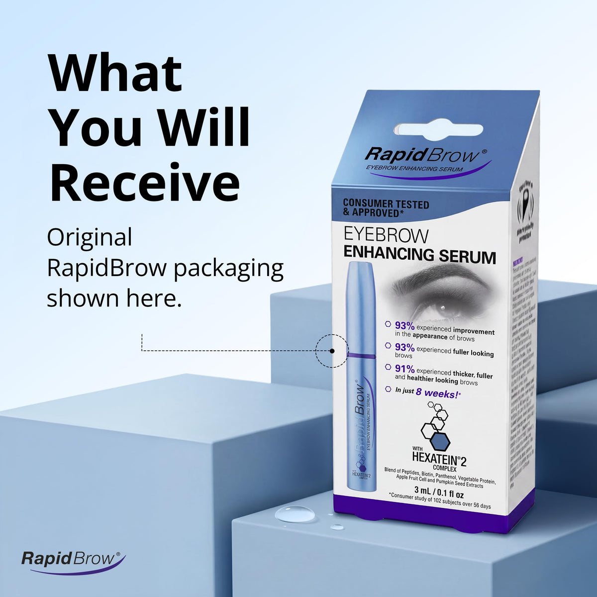RapidBrow Eyebrow Serum 3mL bottle on a clean background