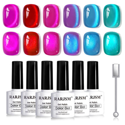 RARJSM Diamond Glitter Cat Eye Gel Nail Polish Set front view with six bottles