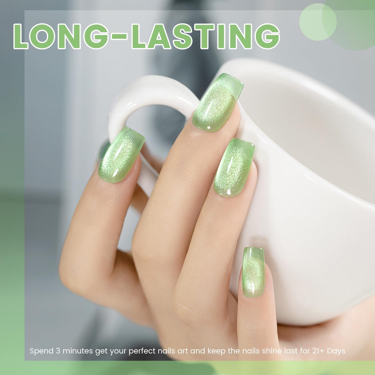 RARJSM Green Cat Eye Gel Nail Polish bottles with diamond glitter effect