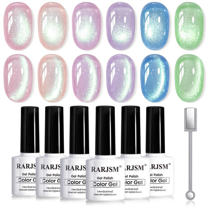 RARJSM Green Cat Eye Gel Nail Polish Set 6pcs with Magnet Stick front view