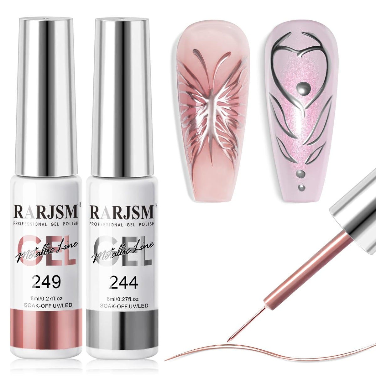 RARJSM Metallic Chrome Gel Liner Nail Art 8ml Silver and Rose Gold front view