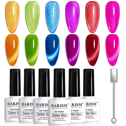 RARJSM Neon Cat Eye Gel Nail Polish Set with 6 colours and glitter