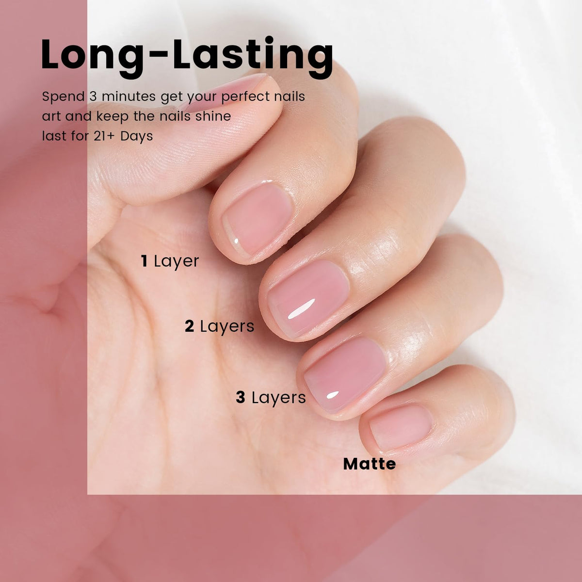 RARJSM Rubber Base Coat Gel Polish 15ml Nude Jelly Pink application on nails