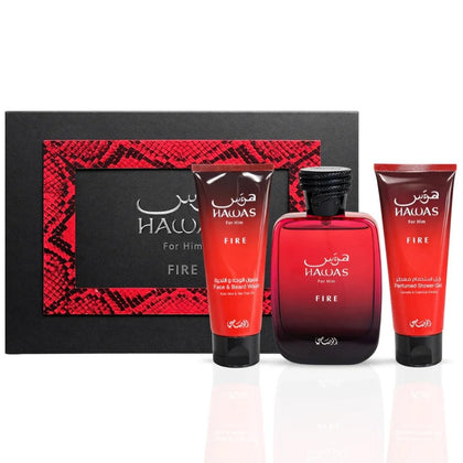 RASASI Hawas Fire Gift Set front view with Eau De Parfum and wash products