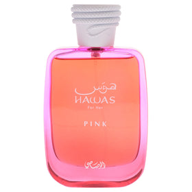 RASASI Hawas Pink Eau de Parfum bottle with floral background