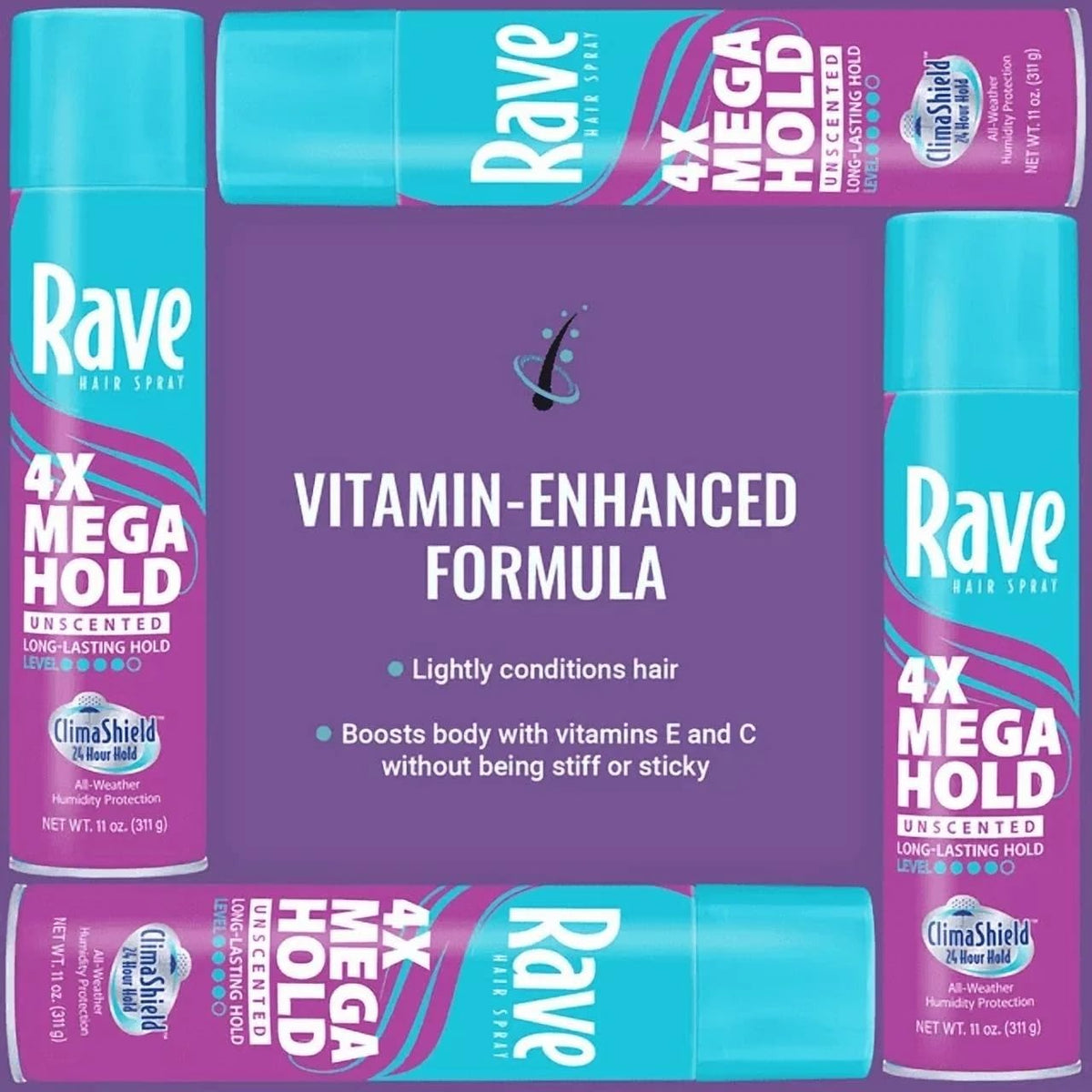 Rave 4X Mega Hairspray packaging details