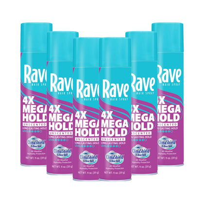 Rave 4X Mega Unscented Aerosol Hairspray 6 pack with sleek design