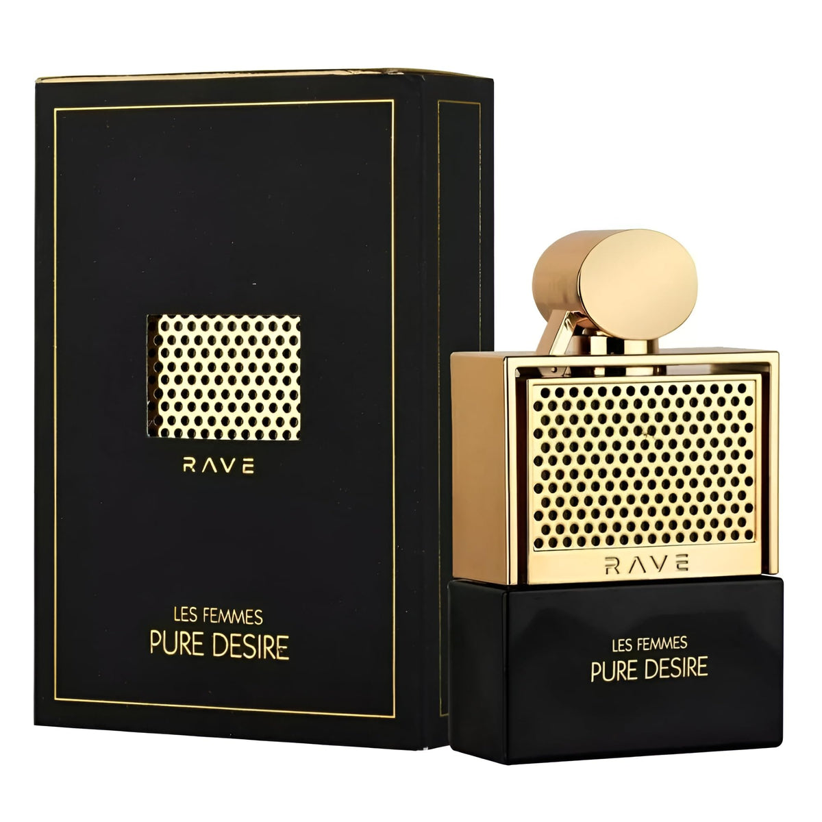 Rave Pure Desire Gold Eau de Parfum Spray side view showing the bottle design