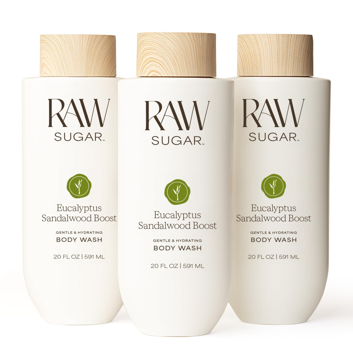 RAW SUGAR Eucalyptus Sandalwood Body Wash 20 Fl Oz Pack of 3 front view