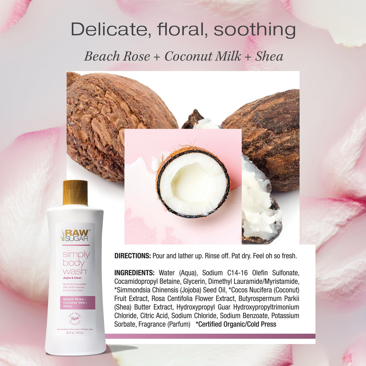 RAW SUGAR Simply Body Wash Beach Rose Coconut Milk Shea in shower setting