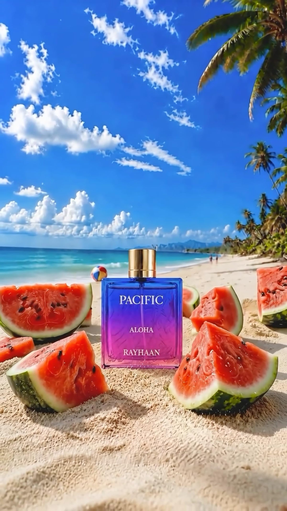RAYHAAN Pacific Aloha bottle on a beach setting