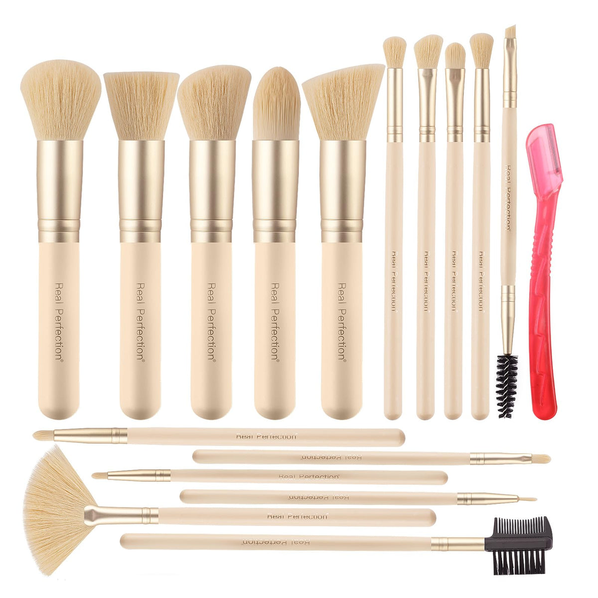 Real Perfection Makeup Brush Set 16 Pcs with eyebrow razor front view