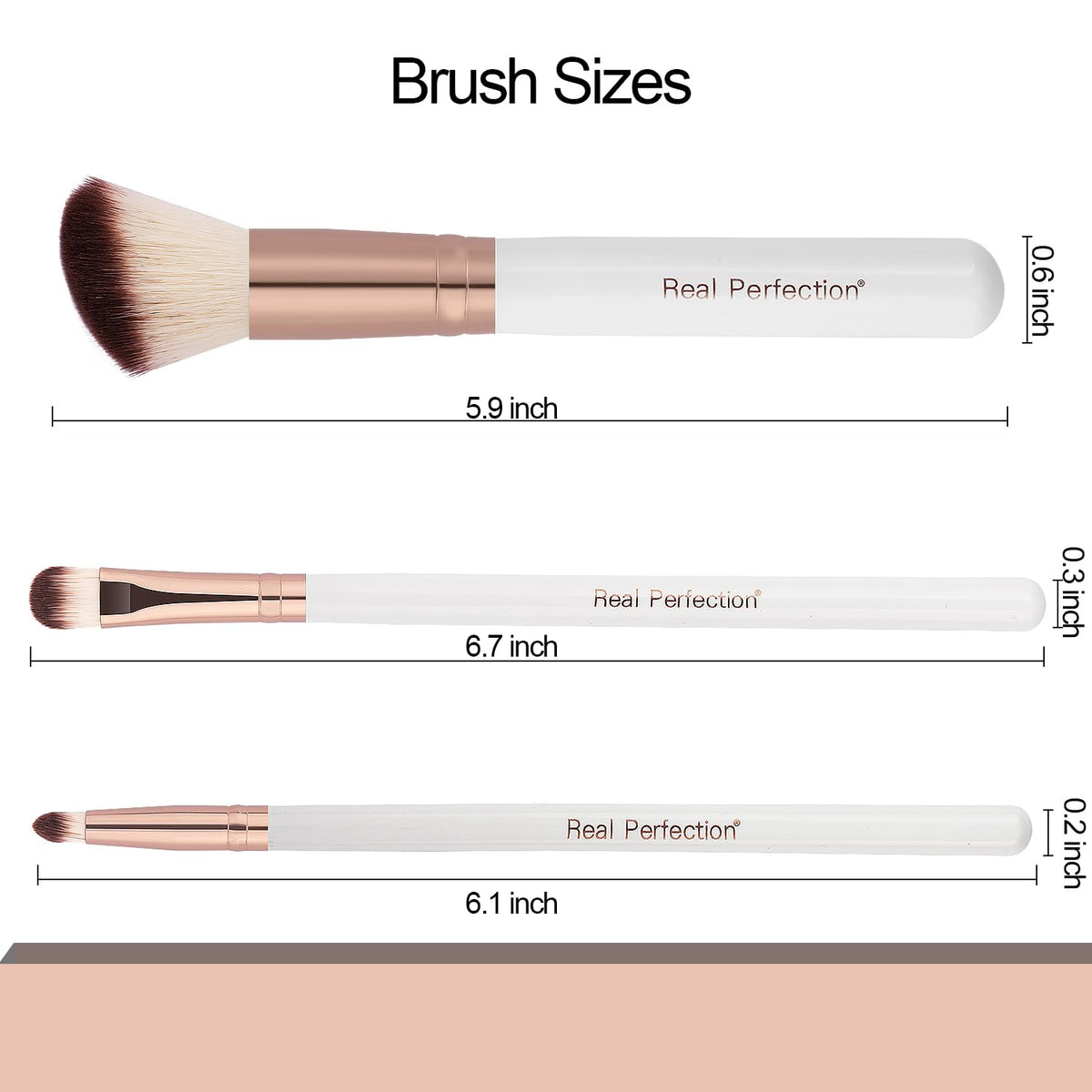 Real Perfection makeup brush set displayed on vanity