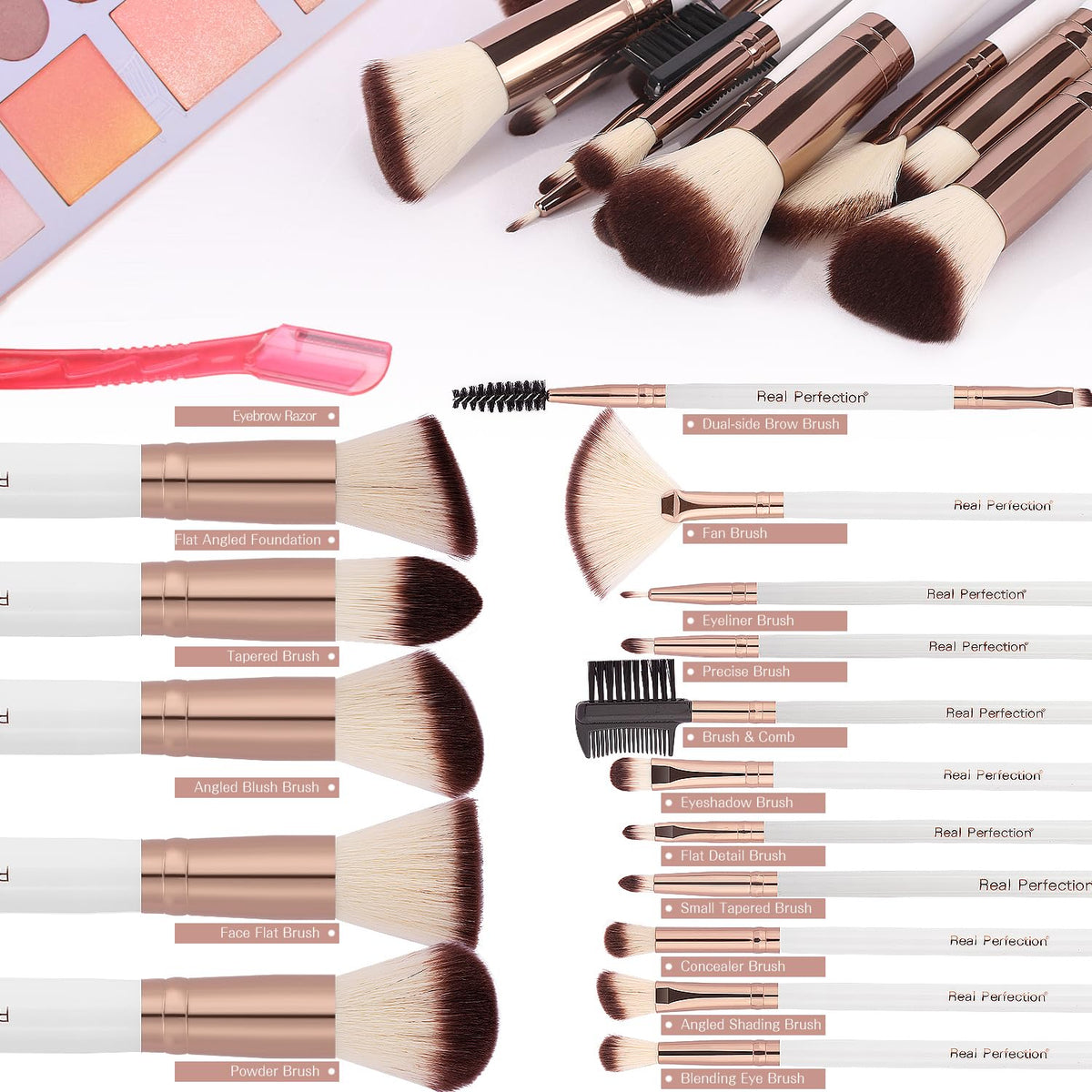 Real Perfection makeup brushes with eyebrow razor