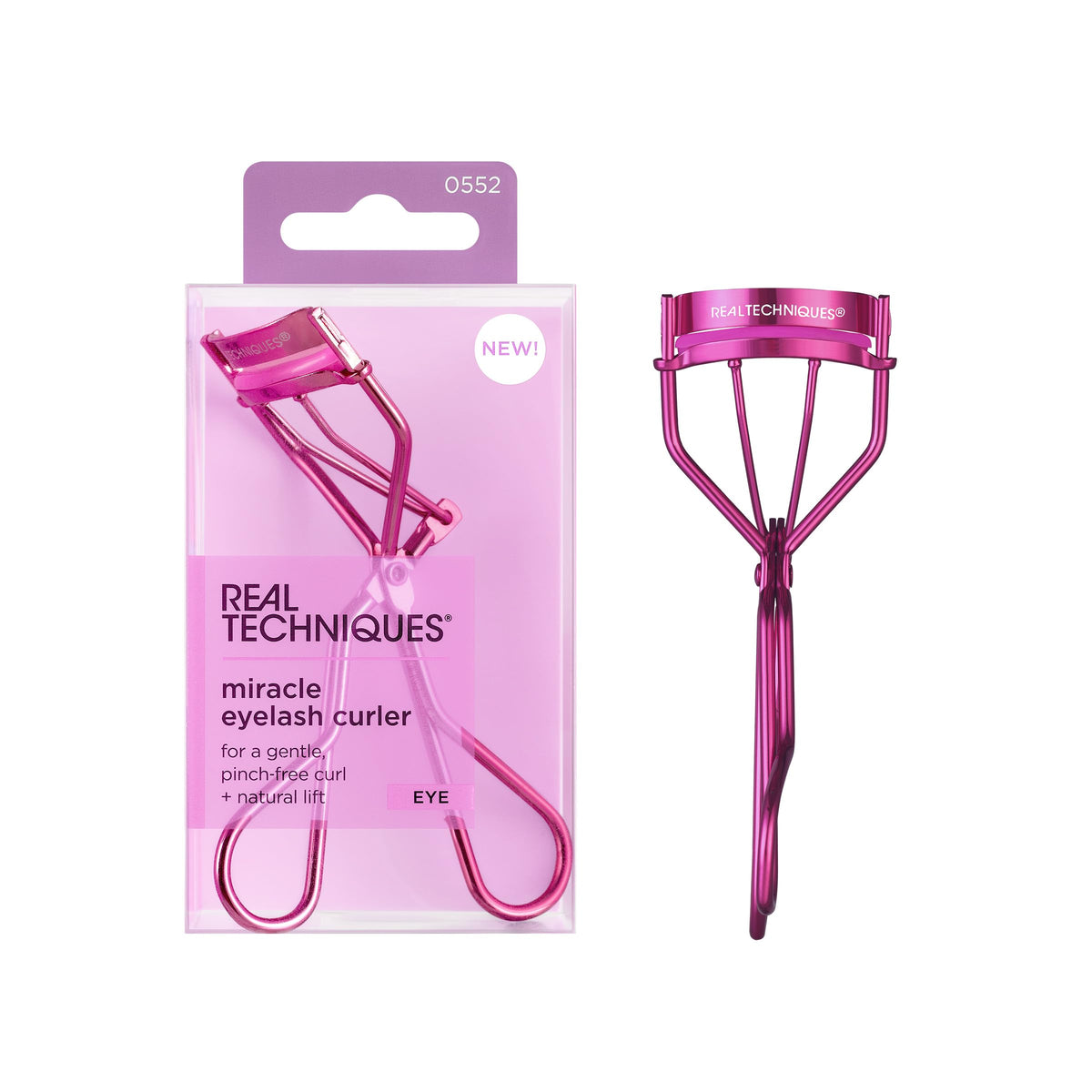 Real Techniques Miracle Eyelash Curler front view in pink