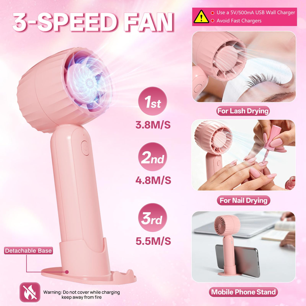 Rechargeable handheld fan dryer for eyelash extensions