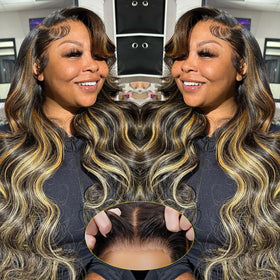 Recomtic 5x5 Honey Blonde Wig front view showing body wave texture