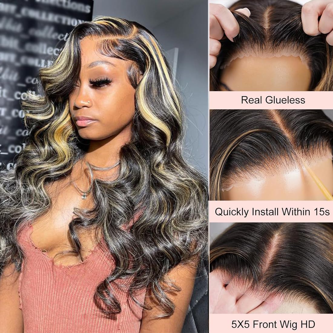 Recomtic 5x5 Honey Blonde Wig side view highlighting lace closure