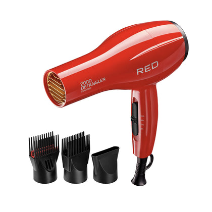 Red by Kiss Detangler Dryer front view with attachments