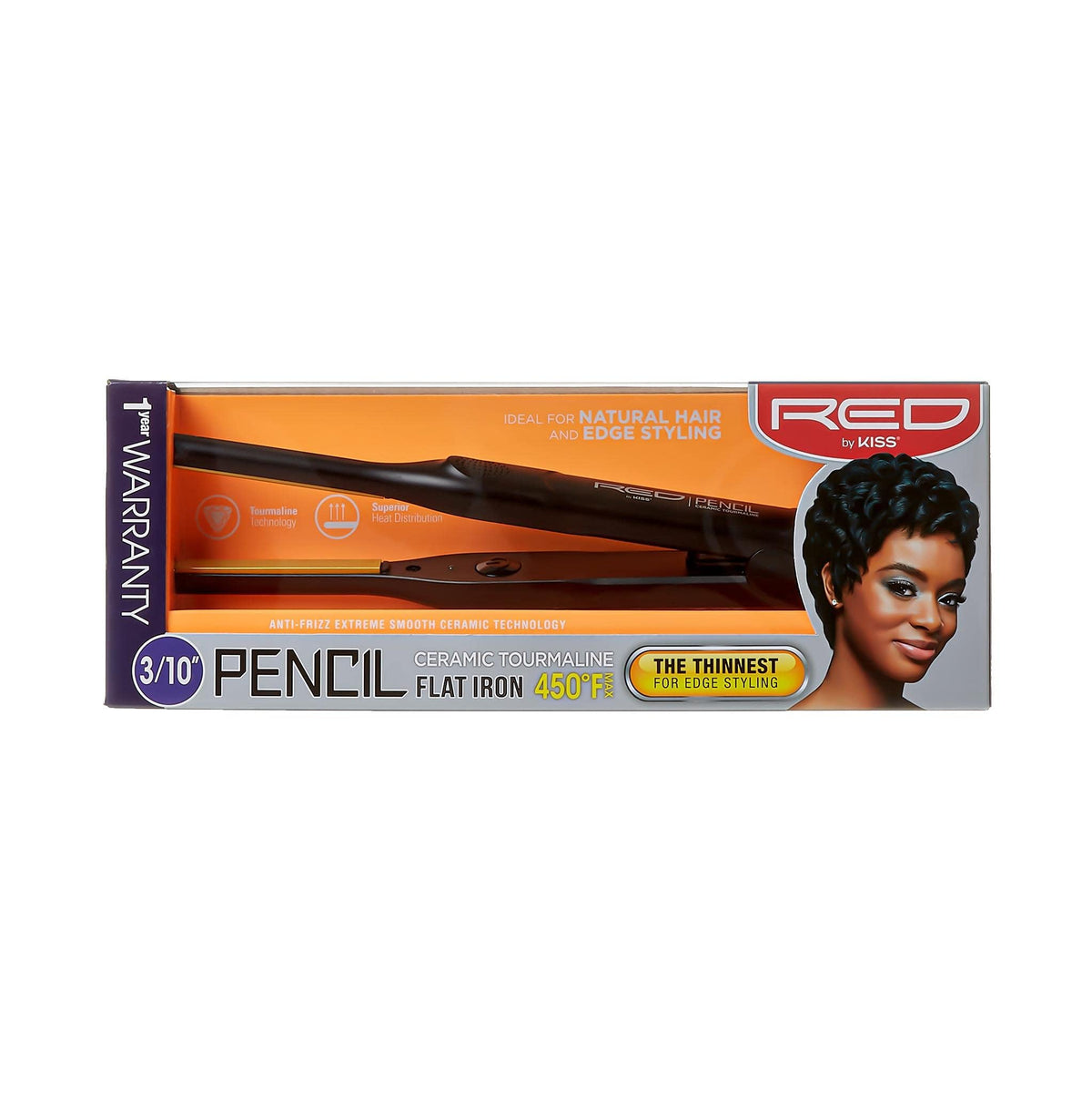 Red by Kiss Pencil Flat Iron on vanity with hair products