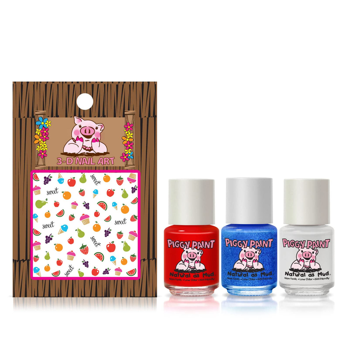 Red, white, and blue Piggy Paint nail polish bottles