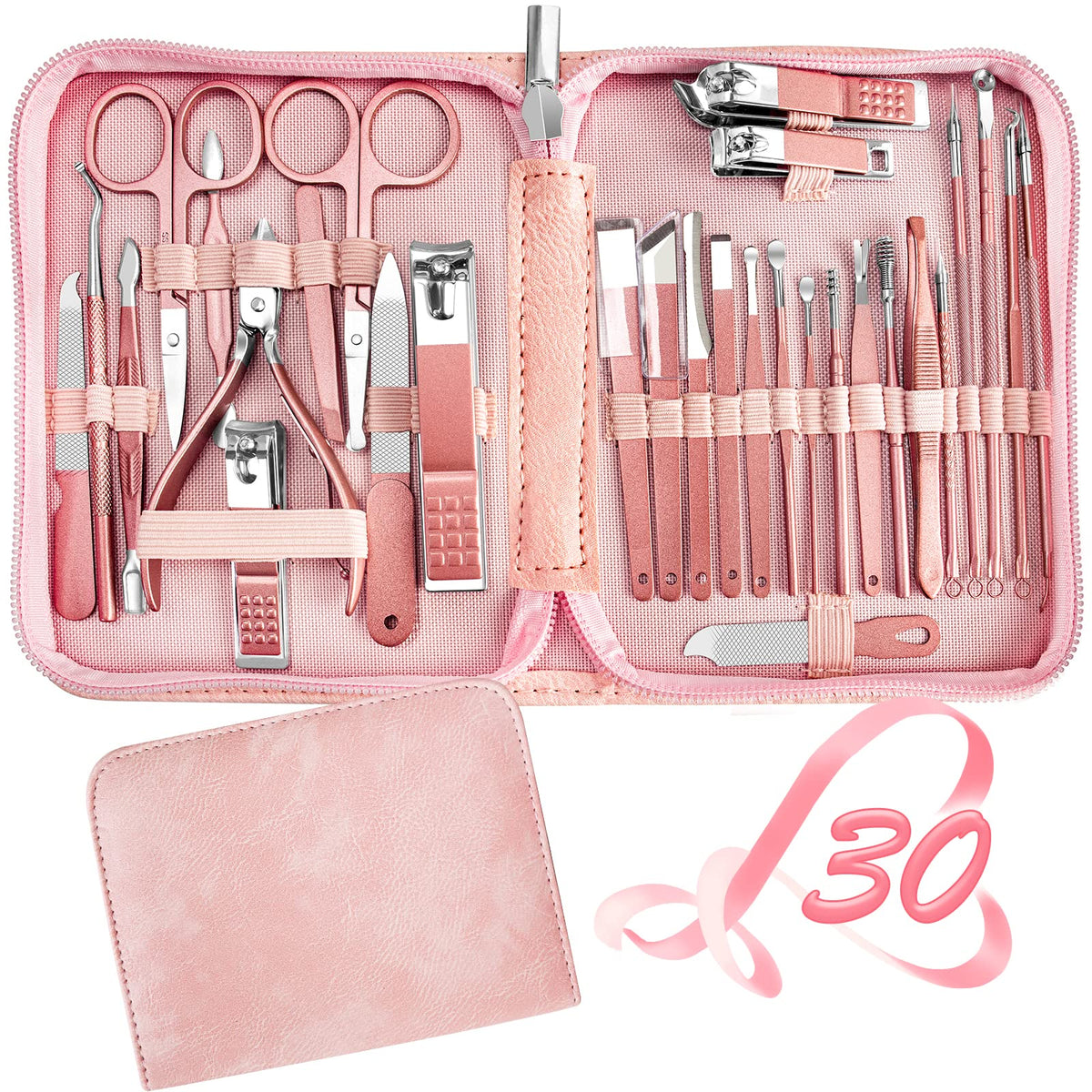 RedFlow 30 in 1 Manicure Set front view with leather case