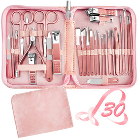 RedFlow 30 in 1 Manicure Set front view with leather case