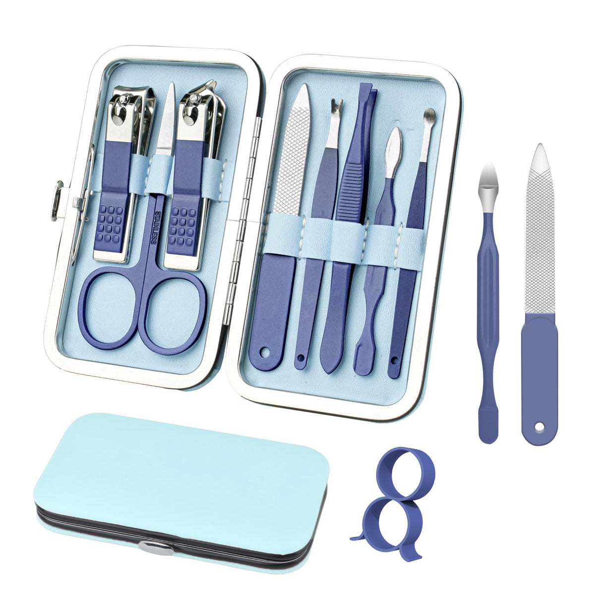 RedFlow 8 in 1 Manicure Set in blue leather case, front view