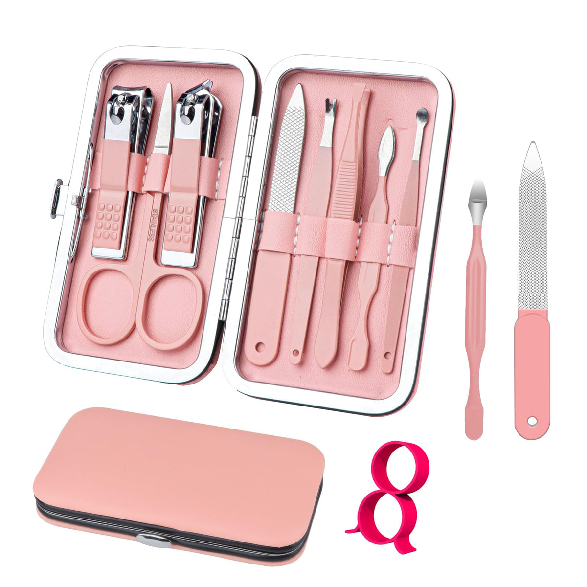 RedFlow 8 in 1 Nail Clipper Set in pink leather case