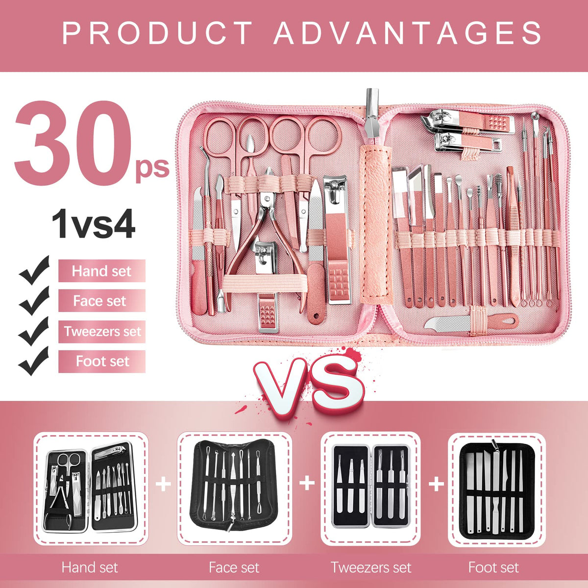 RedFlow Manicure Set tools displayed in pink leather case
