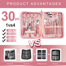 RedFlow Manicure Set tools displayed in pink leather case