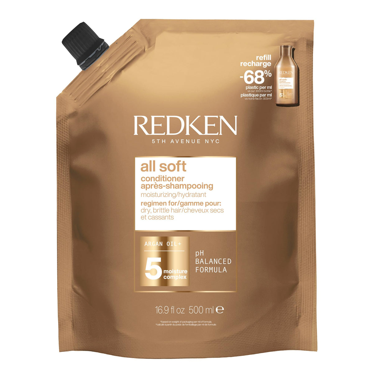 Redken All Soft Conditioner 495g front view with argan oil ingredient