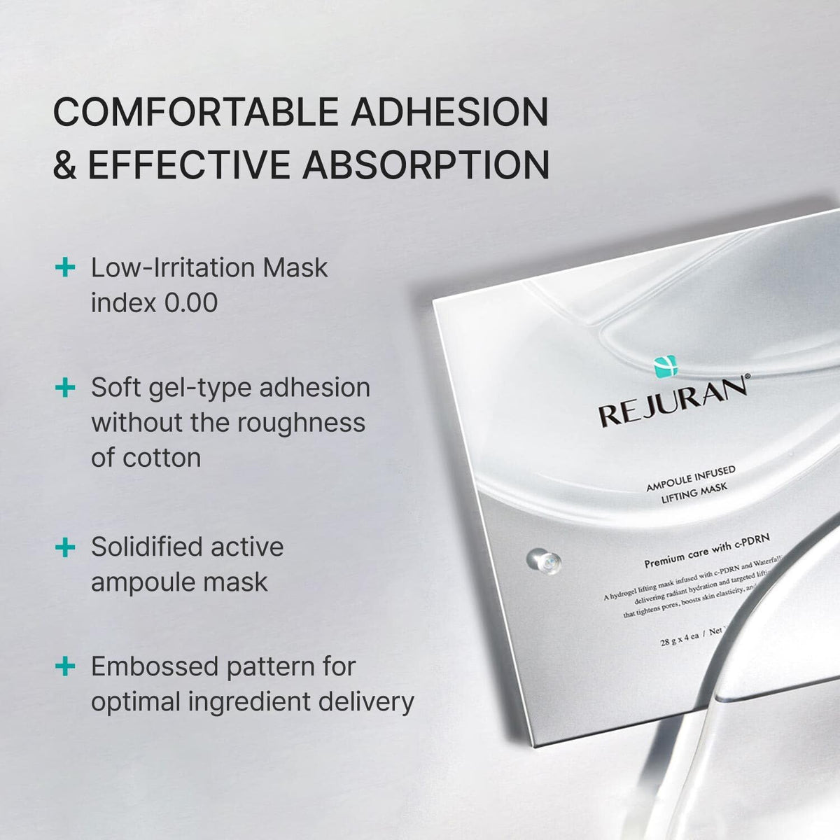 REJURAN Ampoule Infused Lifting Mask in use with serene background