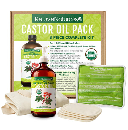 RejuveNaturals Castor Oil Pack Kit front view with glass bottle and cotton pads