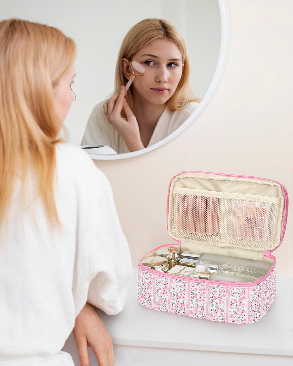 Relavel Cute Makeup Bag on a bathroom counter