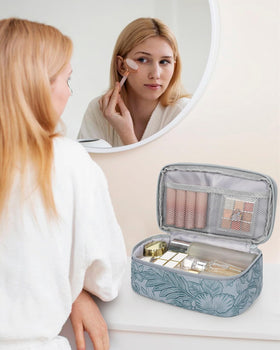 Relavel Cute Makeup Bag open showing dual-layer compartments