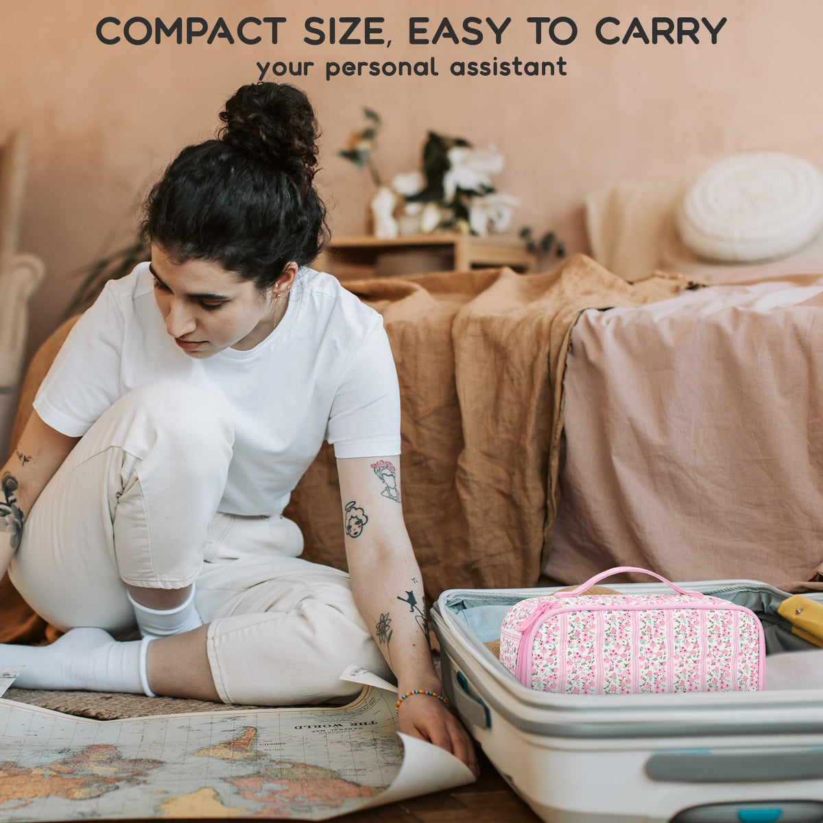 Relavel Cute Pink Makeup Bag packed in a backpack